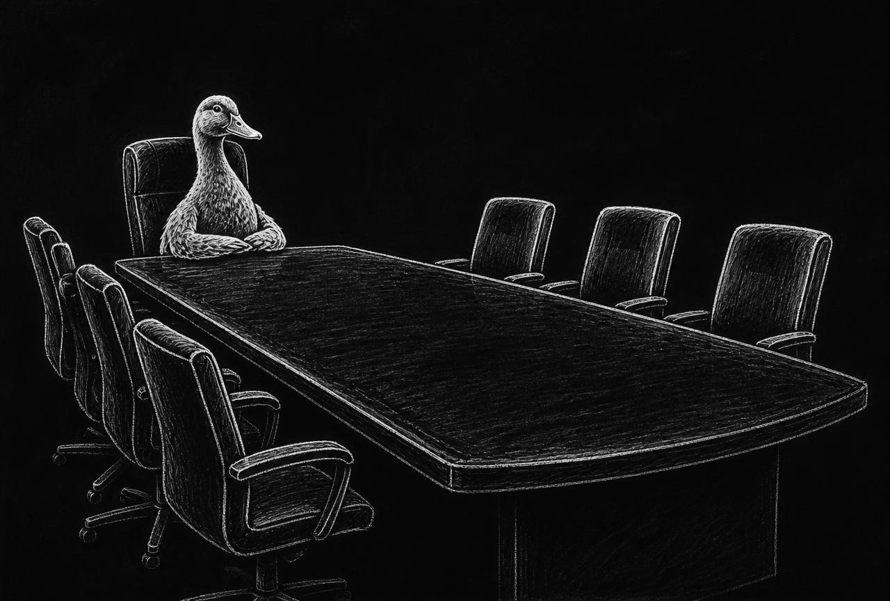 Chalk drawing of a duck seated at the head of a boardroom table