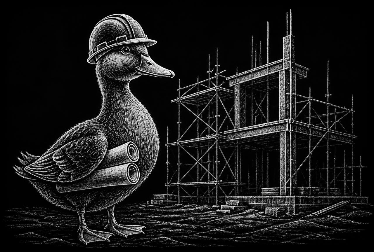 Chalk drawing of a duck in a hard hat before scaffolding