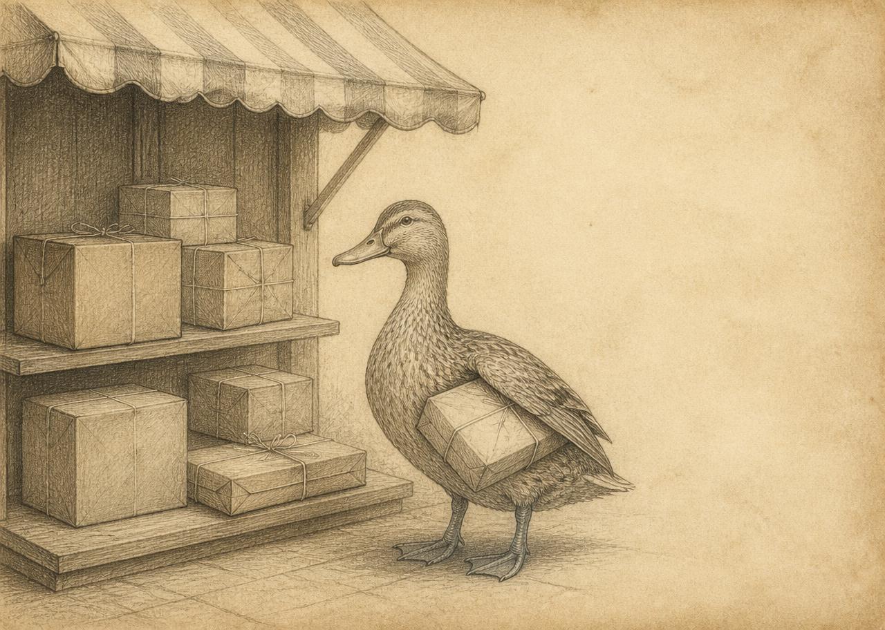Pencil drawing of a duck carrying a parcel beside stacked cartons under a storefront awning