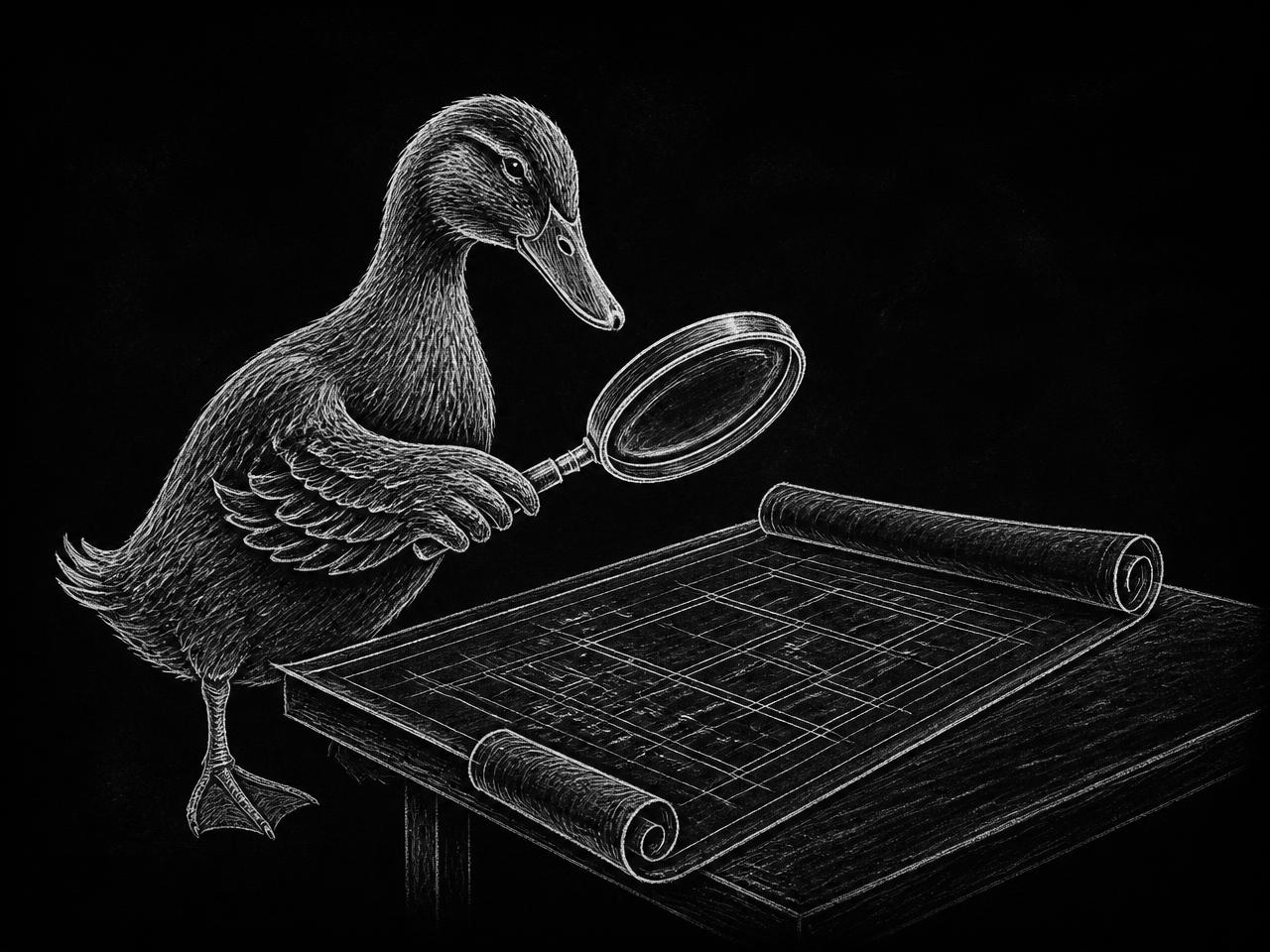 Chalk drawing of a duck examining a blueprint through a magnifying glass