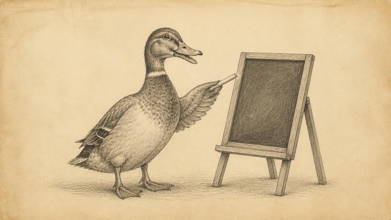 Pencil drawing of a duck explaining something at a small easel chalkboard