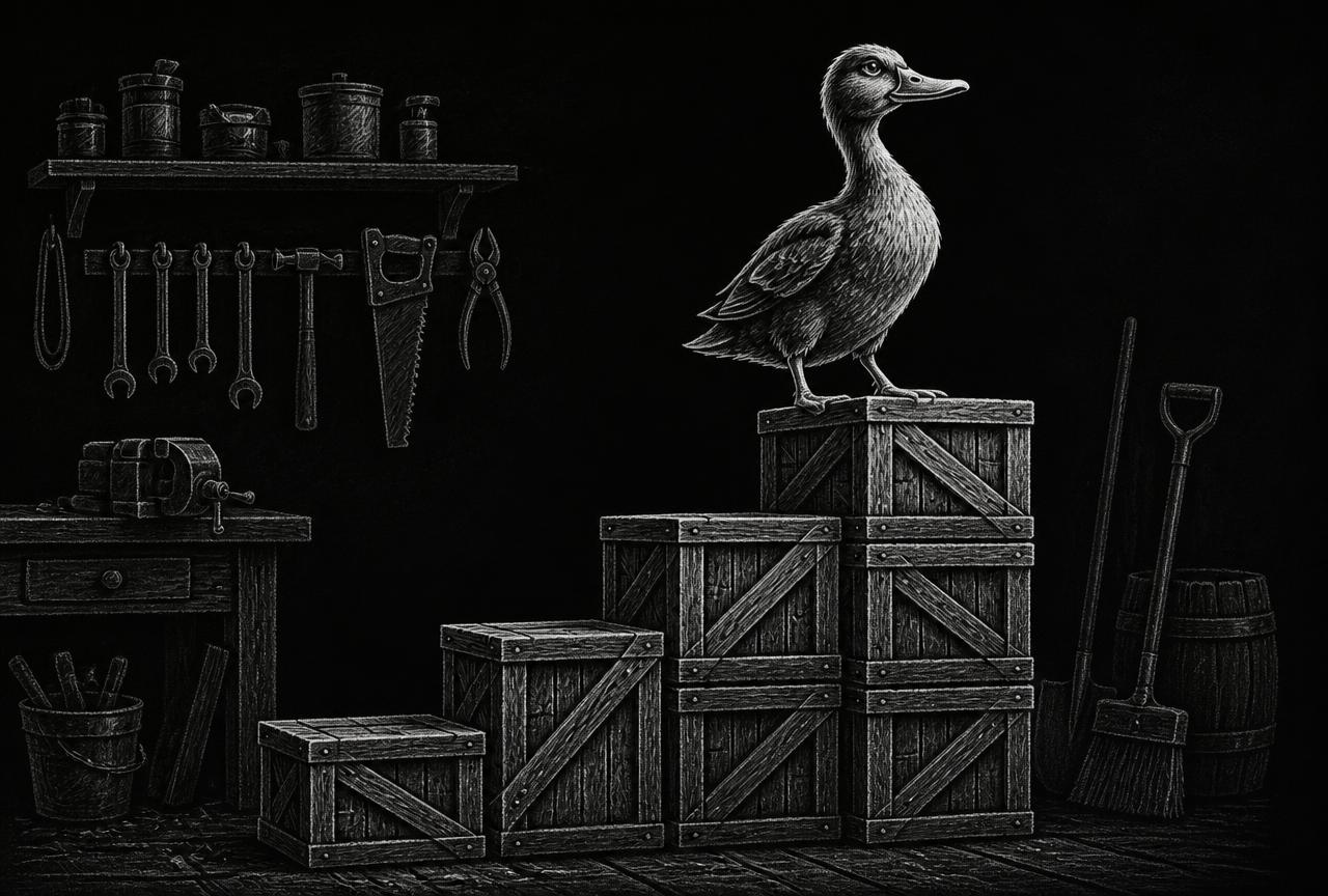Chalk drawing of a duck standing atop crates stacked like stairs in a workshop