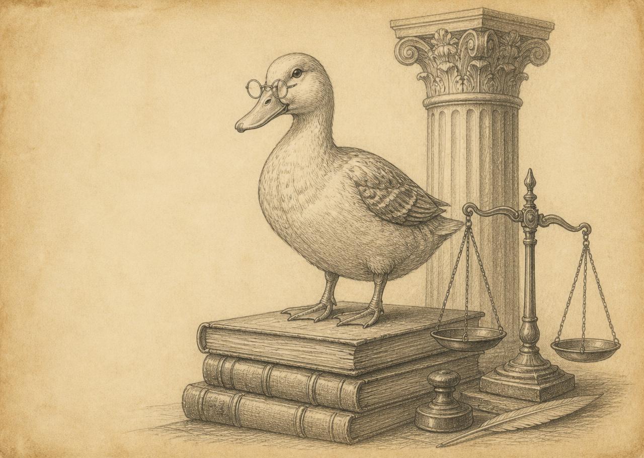 Pencil drawing of a duck in spectacles on a stack of ledgers beside a balance scale