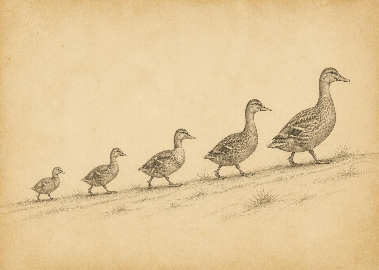 Pencil drawing of five ducks walking in single file, each larger than the last