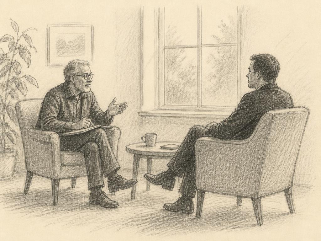 Pencil drawing of an advisor and a leader seated across a small table